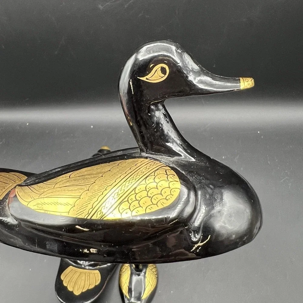 Vintage Black And Gold Gilded Lacquered Duck Wood Trinket Box Set Family Of 3